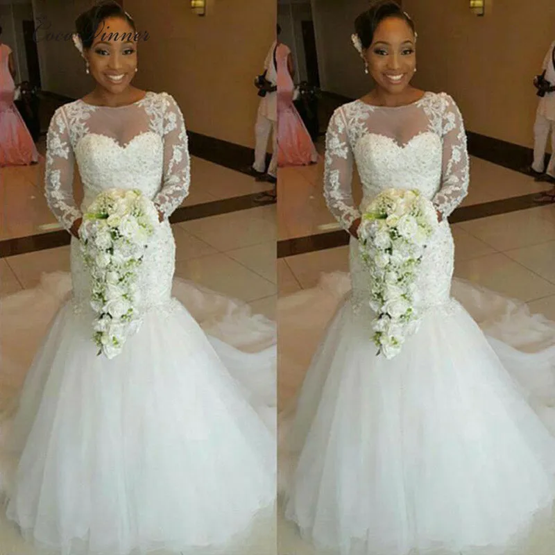 Sheer Neck Illusion African Mermaid Wedding Dresses White Long Sleeve Custom Made Wedding Gown Appliques Wedding Dress W0154
Sheer Neck Illusion African Mermaid Wedding Dresses White Long Sleeve Custom Made Wedding Gown Appliques Wedding Dress W0154