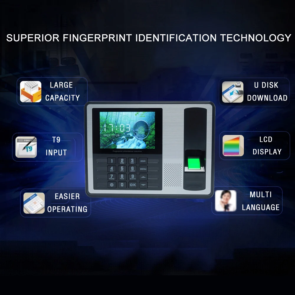 

Biometric Fingerprint Password Attendance Machine Employee Checking-in Recorder 4" TFT LCD Screen DC 5V Time Machine Clock