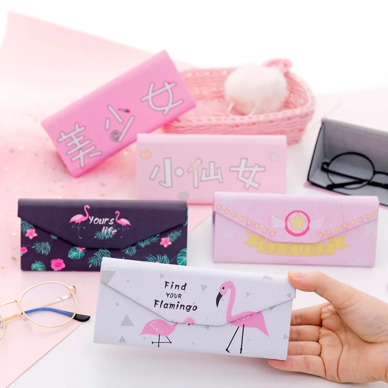 1PCS Fashion Creative Flamingo Unicorns PU Folding Glasses Box Portable Storage Tool Utility School Office Supplies | Канцтовары для