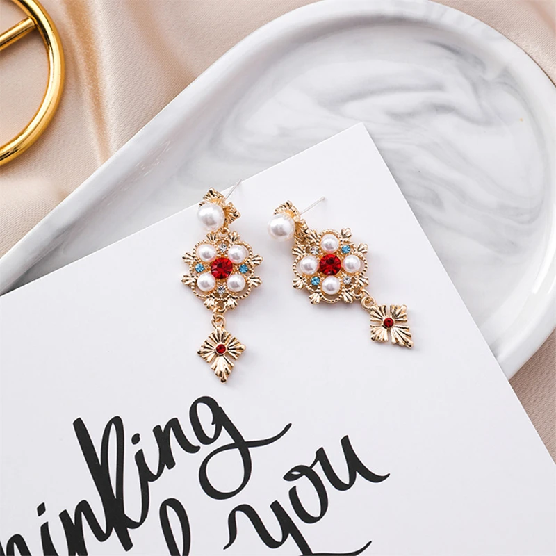 New Baroque Vintage Fashion Statement Jewelry Colorful Crystal Long Earrings For Women Simulated Pearl Love Heart Drop Pendiente | Украшения