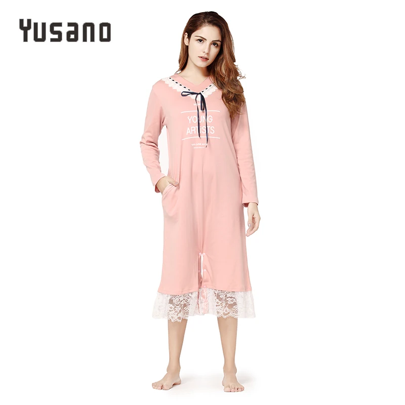 Женская ночная рубашка Yusano осенне-зимняя с длинным рукавом и v-образным вырезом