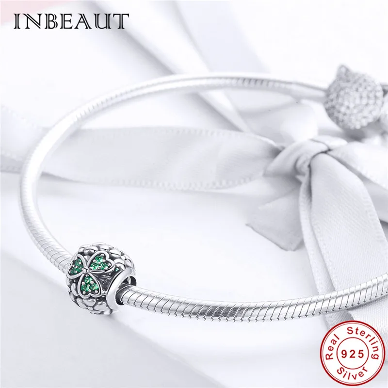 INBEAUT новые продажи 925 пробы серебряный зеленый CZ бусины с клевером резные микро