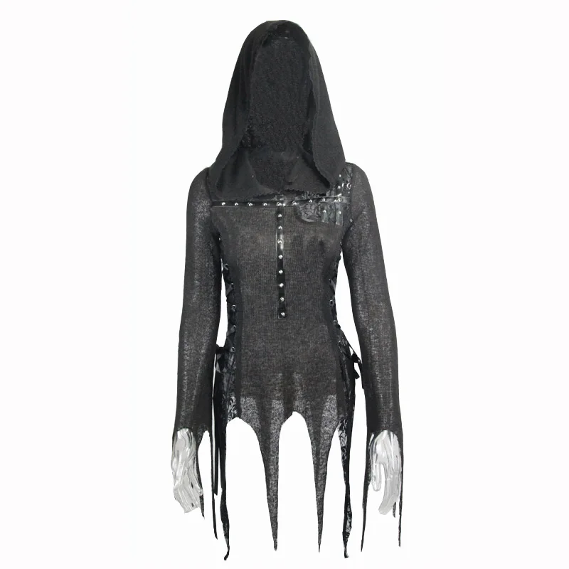 Punk Girl's Devil Fashion Costume Black Tassel Lace Gothic Clothing Priestess Costume Rivet long sleeve hooded T-Shirt Women
Punk Girl's Devil Fashion Costume Black Tassel Lace Gothic Clothing Priestess Costume Rivet long sleeve hooded T-Shirt Women
