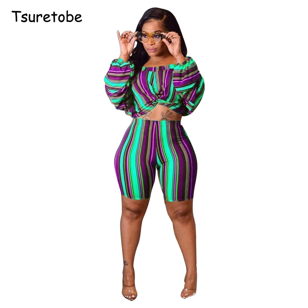 Tsuretobe Fashion Stripe Two Piece Set Off Shoulder Women Long Puff Sleeve Crop Top And High Waist Shorts Set Party Club Outfits
Tsuretobe Fashion Stripe Two Piece Set Off Shoulder Women Long Puff Sleeve Crop Top And High Waist Shorts Set Party Club Outfits