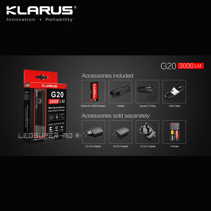 Original KLARUS G20 XHP70 N4 LED 3000 Lumens Flashlight Dual-Switch Mini Search Light with 26650 Battery of 5000 mAh
Original KLARUS G20 XHP70 N4 LED 3000 Lumens Flashlight Dual-Switch Mini Search Light with 26650 Battery of 5000 mAh