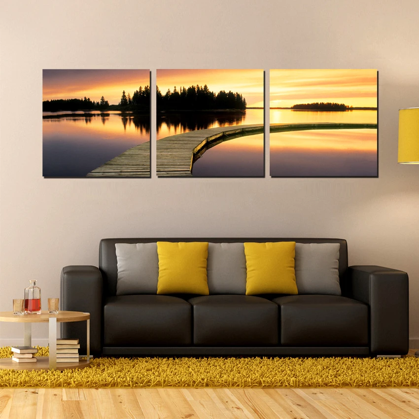 3 Pieces Painting Abstract Dusk Scenery Wall Art Pictures Set The Wooden Bridge In Lake Canvas Print For Modern Decor NO FRAME | Дом и сад