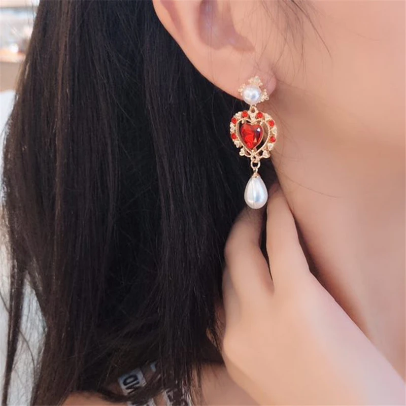 New Baroque Vintage Fashion Statement Jewelry Colorful Crystal Long Earrings For Women Simulated Pearl Love Heart Drop Pendiente | Украшения