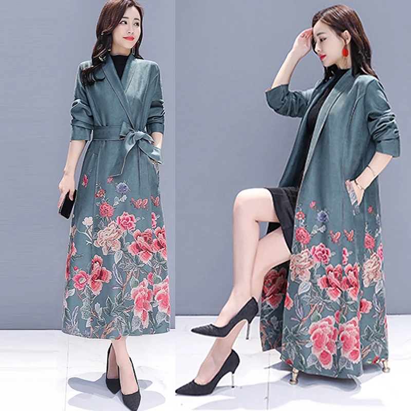 

2018 Spring Fall Women Casual Floral Sash Long Elegant Outwear , Female Overcoat Woman Printed Flower Suede Cardigan Trench Coat