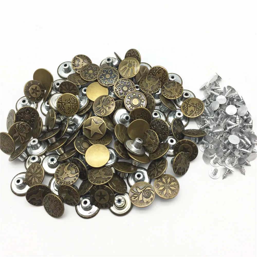 100sets/lot 17mm Metal Antique Brass Round Jeans Buttons Mixed Designes Button For Garment Jean Sewing Accessories
100sets/lot 17mm Metal Antique Brass Round Jeans Buttons Mixed Designes Button For Garment Jean Sewing Accessories