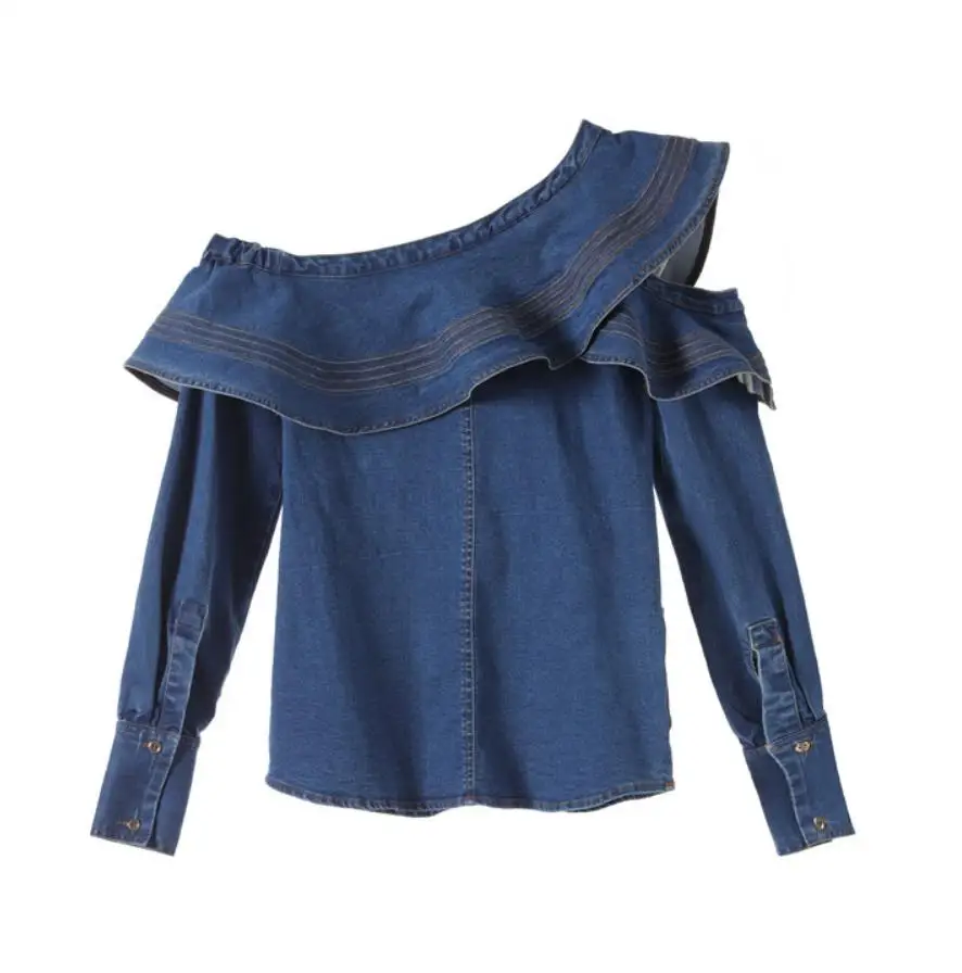2019 Autumn Ruffles One Off SHoulder Long Sleeve Blouse Sexy Denim Tops Women Blue Denim Jeans Shirt
2019 Autumn Ruffles One Off SHoulder Long Sleeve Blouse Sexy Denim Tops Women Blue Denim Jeans Shirt