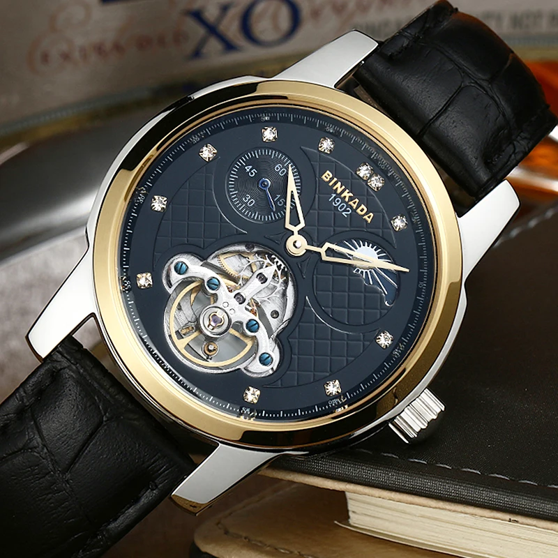 Скелет Tourbillon часы BINKADA Роскошные Для мужчин автоматические Водонепроницаемый