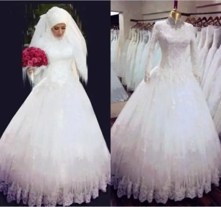 

Мусульманское свадебное платье с длинным рукавом, бальное платье, Тюлевое кружевное бальное платье с бусинами в стиле бохо, Дубай, арабское ...