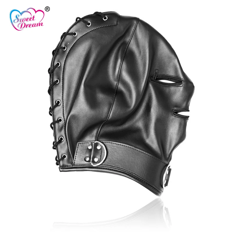 Sweet Dream Black PU Leather Masks Hoods Open Mouth Eyes Fetish Erotic Toys Role Play Adult Game Sex For Couple DW-441 | Красота и