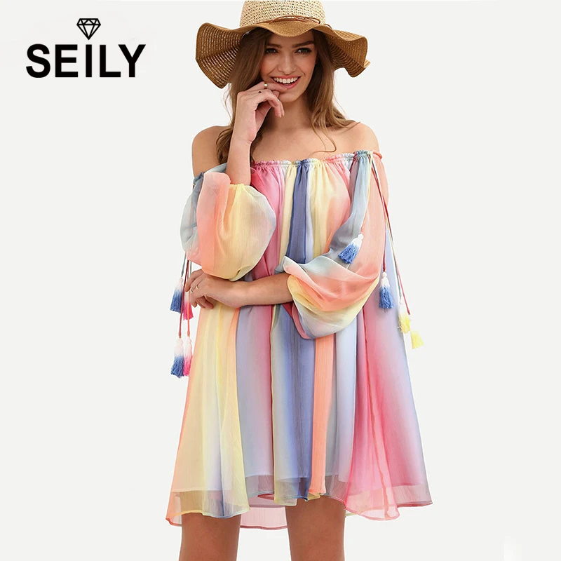 Seily Oversize Rainbow Color Tassel Strip Dresses For Women Sleeveless Loose Tulle Chiffon Mini Beach Bardot Top Dress Summer
Seily Oversize Rainbow Color Tassel Strip Dresses For Women Sleeveless Loose Tulle Chiffon Mini Beach Bardot Top Dress Summer