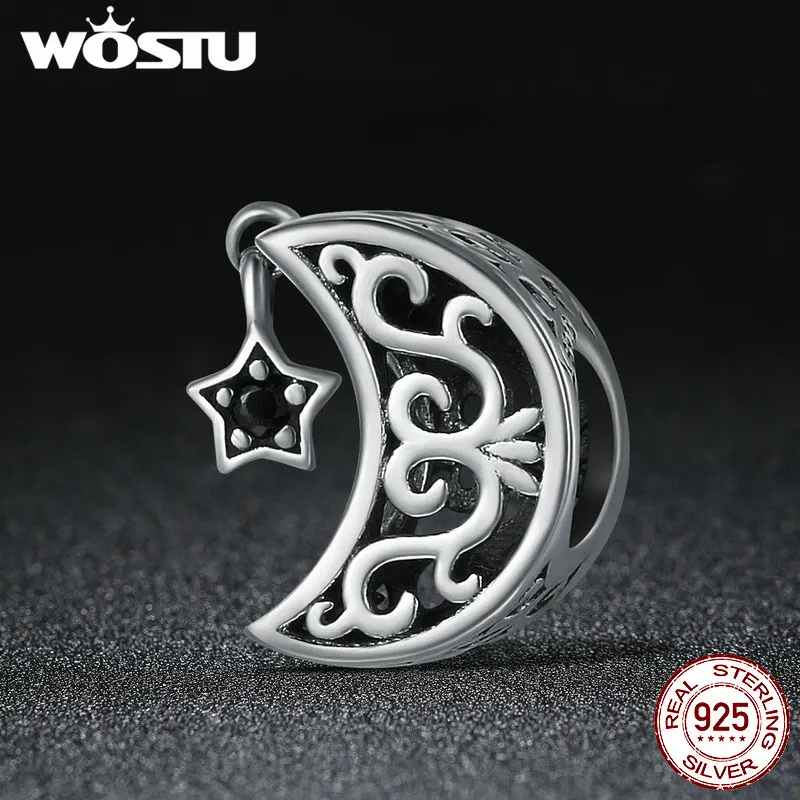 

WOSTU Luxury 925 Sterling Silver Openwork Moon and Star Goodnight Charm Beads fit Bracelet DIY Jewelry Valentine Day Gift CQC483