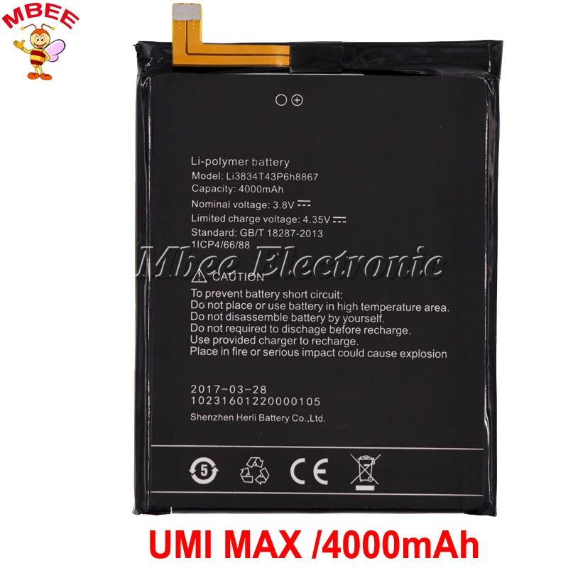UMI MAX Battery 4000mAh аккумуляторная батарея AKKU Li3834T43P6h8867, высокое качество
UMI MAX Battery 4000mAh аккумуляторная батарея AKKU Li3834T43P6h8867, высокое качество