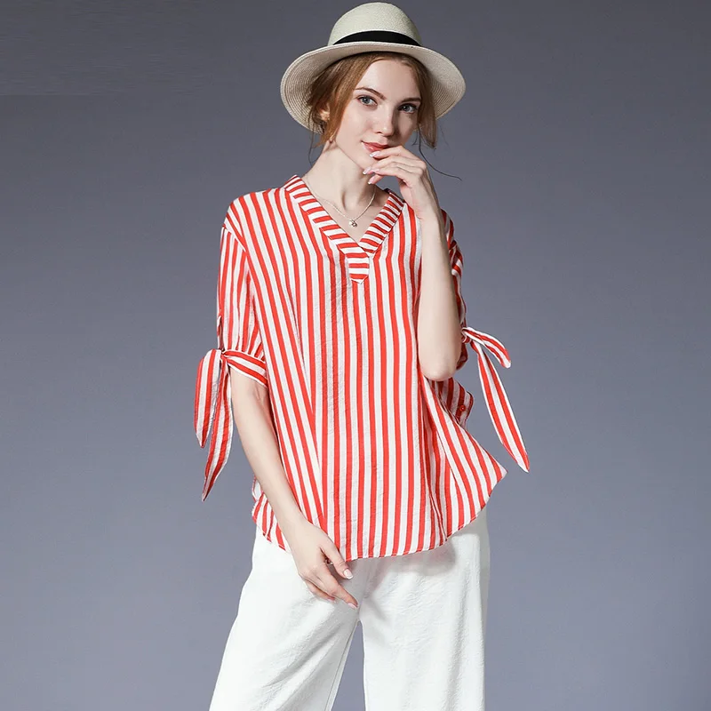 Plus size Women casual shirts summer new fashion Bow Striped shirt V Neck short sleeve Office Lady Short Tops Oversize XL-4XL
Plus size Women casual shirts summer new fashion Bow Striped shirt V Neck short sleeve Office Lady Short Tops Oversize XL-4XL