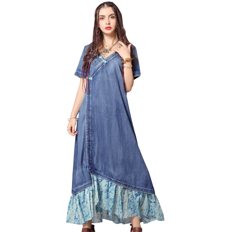 Short Sleeve Womens Summer Boho Dress Loose V Neck Ethnic Denim Dresses Floral Patchwork Cheongsam Dress Vestidos J2954
Short Sleeve Womens Summer Boho Dress Loose V Neck Ethnic Denim Dresses Floral Patchwork Cheongsam Dress Vestidos J2954
