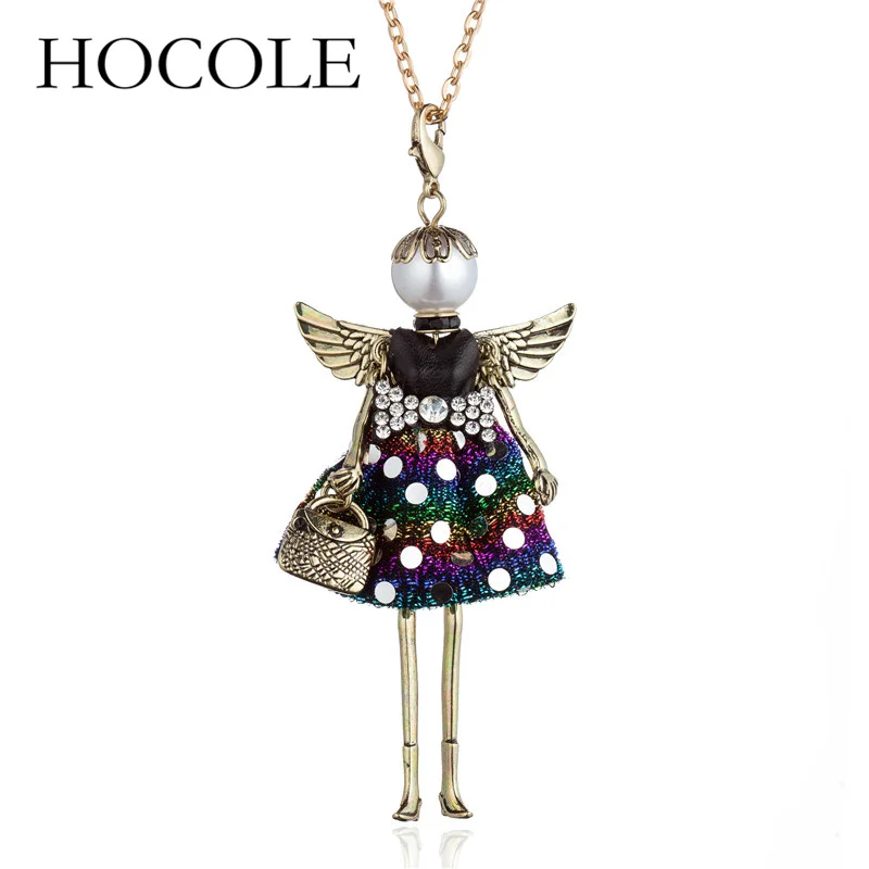 HOCOLE New 2018 women doll long necklace angel wings pendant handmade girl Lovely maxi necklaces & pendants hot fashion jewelry |