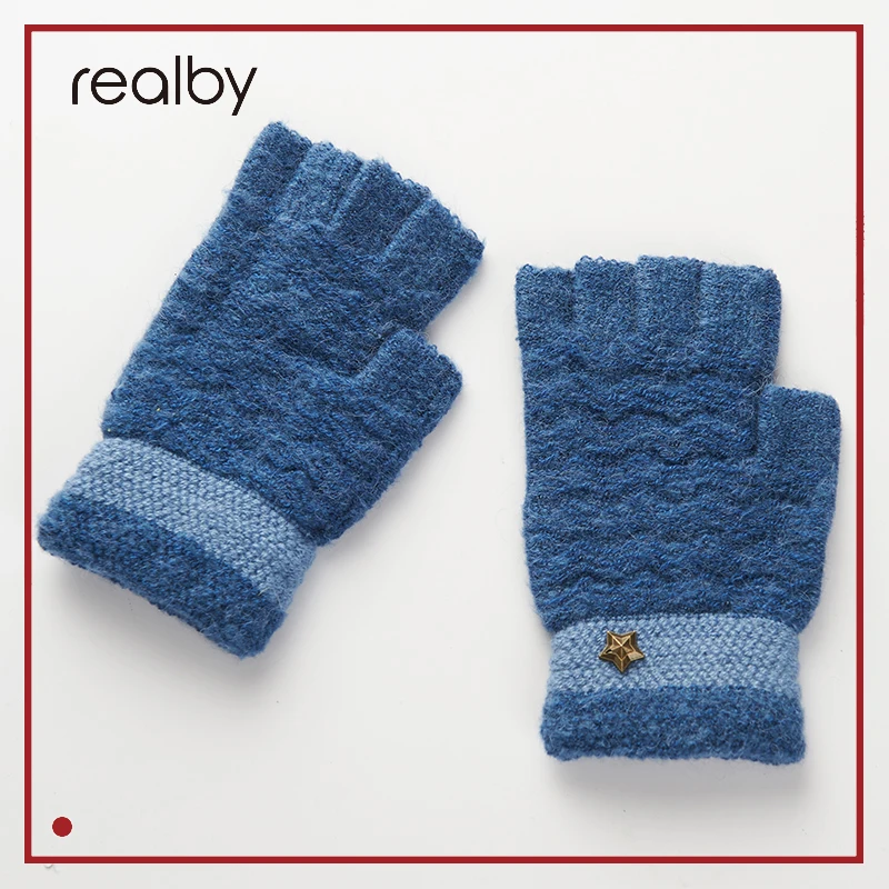 Realby/зимние мужские модные перчатки без пальцев зимние теплые вязаные с