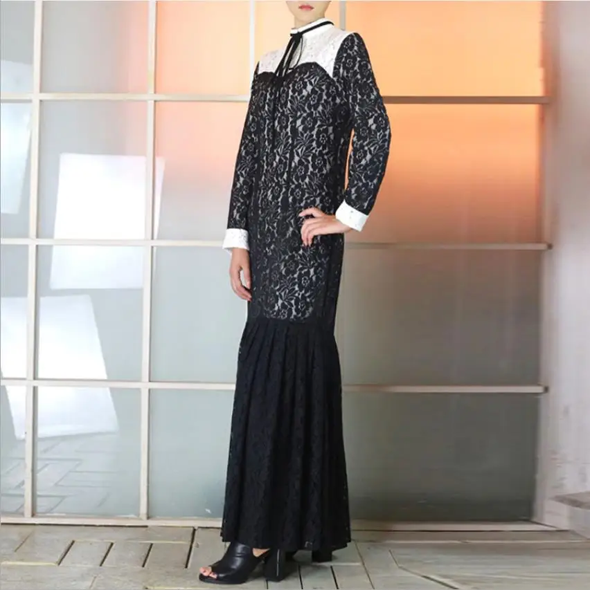 Adult Muslim lace stitching ruffles retro abaya fashion dubai islamic beautiful abayas wq741 prayer service clothing dropship |