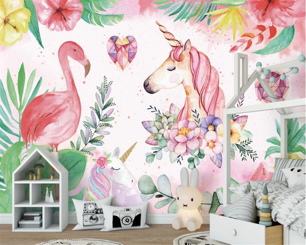 

beibehang Custom high-end fashion silk background wall flamingo unicorn children's room wall decoration papel de parede