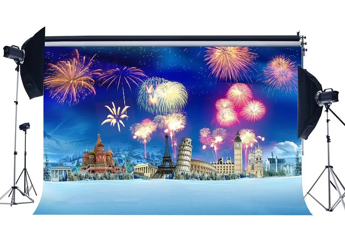 

Photography Backdrop Christmas Eiffel Tower Big Ben Fancy Fireworks Snow Covered Landscape Xmas Decoration Backdrops