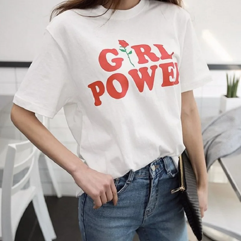 Женская футболка с короткими рукавами летняя в Корейском стиле принтом Power и Feminism