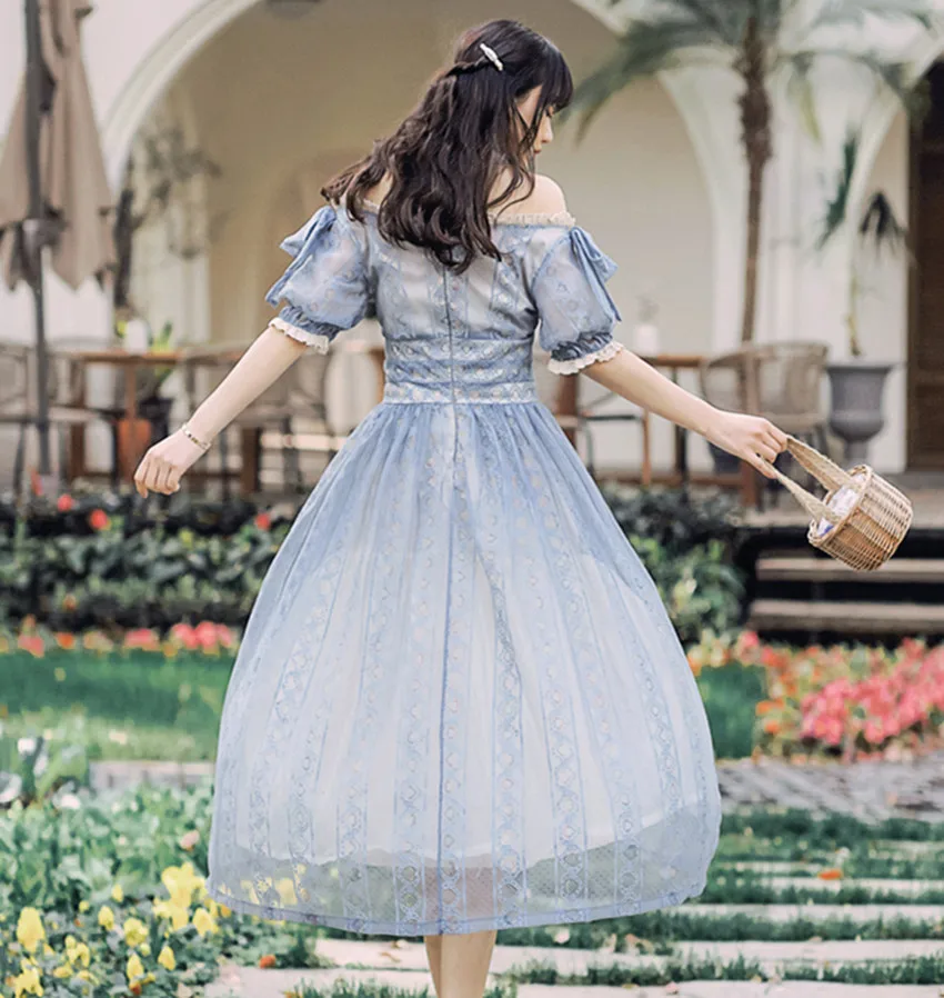 HAMALIEL Vintage Blue Lace Holiday Long Dress Summer Women Short Sleeve Hollow Out Elegant Patchwork Maxi Beach Vestidos | Женская