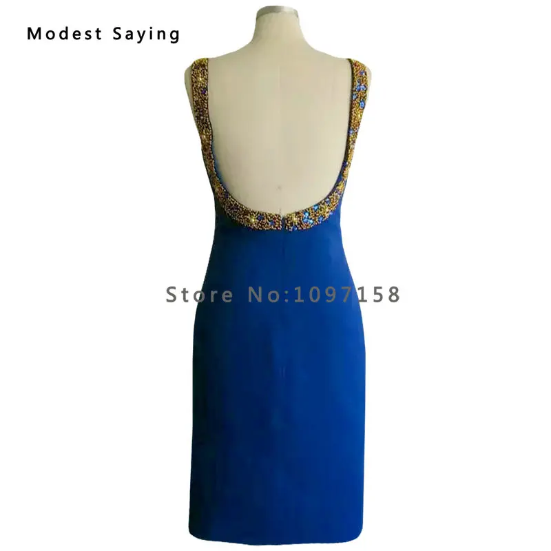 Сексуальное синее прямое короткое коктейльное платье с открытой спиной