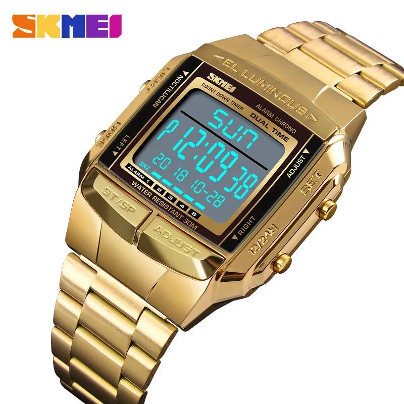 

SKMEI Luxury Sports Watch Golden Men's Watch Led Digital Alarm Countdown Steel Male Wrist Watches Clock relogio masculin 1381