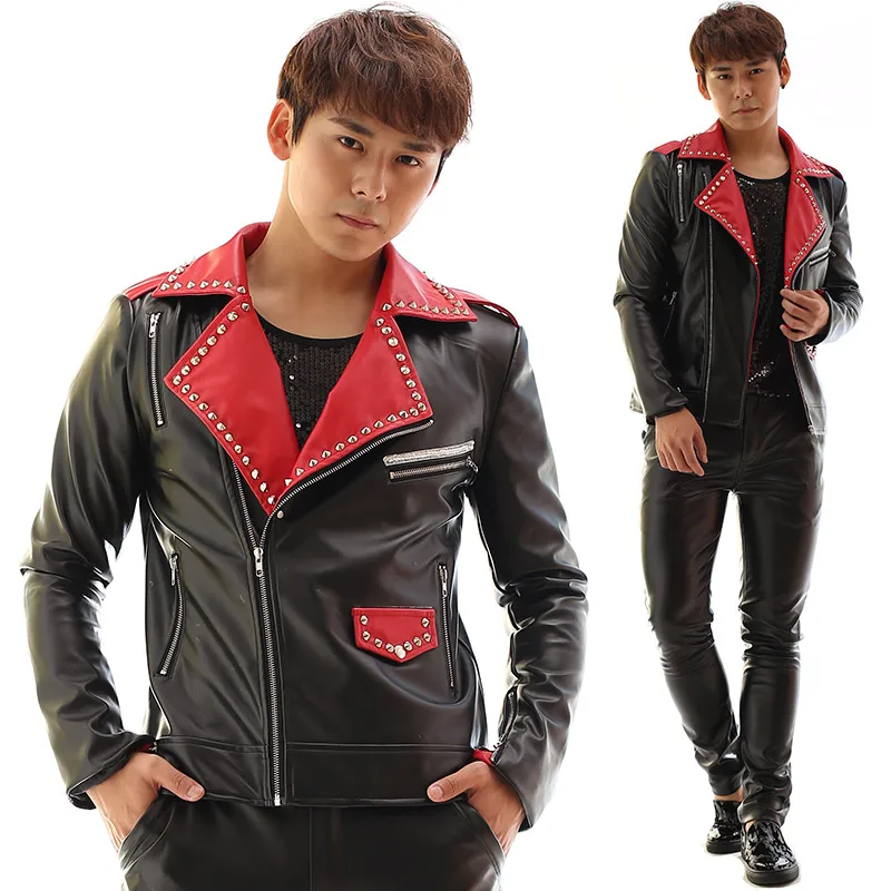 Personalized singer motorcycle mens leather jacket slim coat jackets oblique zipper rivets patchwork stage street dance rock
Personalized singer motorcycle mens leather jacket slim coat jackets oblique zipper rivets patchwork stage street dance rock