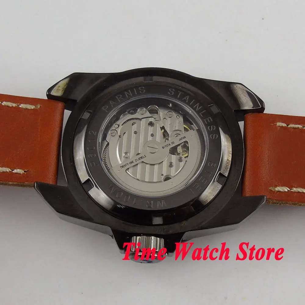 Parnis 45mm MIYOTA 8215 black dial luminous metal turning bezel PVD case 21 jewels Automatic movement men's watch 433
Parnis 45mm MIYOTA 8215 black dial luminous metal turning bezel PVD case 21 jewels Automatic movement men's watch 433