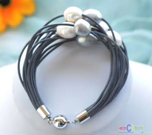Браслет из черной кожи с жемчужинами 15 рядов 8 дюймов 13 мм|bracelet en cuir|bracelet braceletbracelet