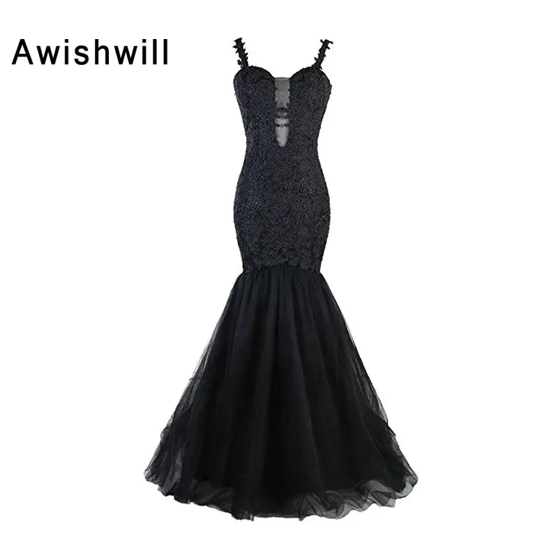 Real Photo Long Elegant Black Evening Gowns For Women Spaghetti Strap Lace Appliques Tulle Mermaid Prom Dress Sexy Open Back
Real Photo Long Elegant Black Evening Gowns For Women Spaghetti Strap Lace Appliques Tulle Mermaid Prom Dress Sexy Open Back