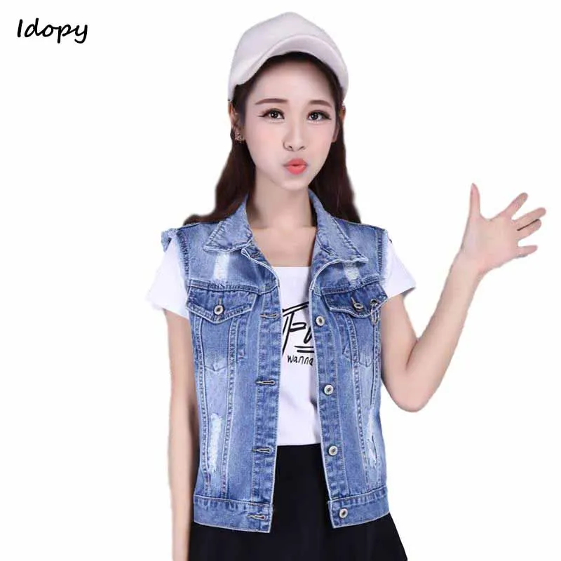 Idopy Women`s Denim Sleeveless Jacket Short Slim Fit Ripped Cute Basic Cute Street Style Denim Coat Jeans For Female
Idopy Women`s Denim Sleeveless Jacket Short Slim Fit Ripped Cute Basic Cute Street Style Denim Coat Jeans For Female