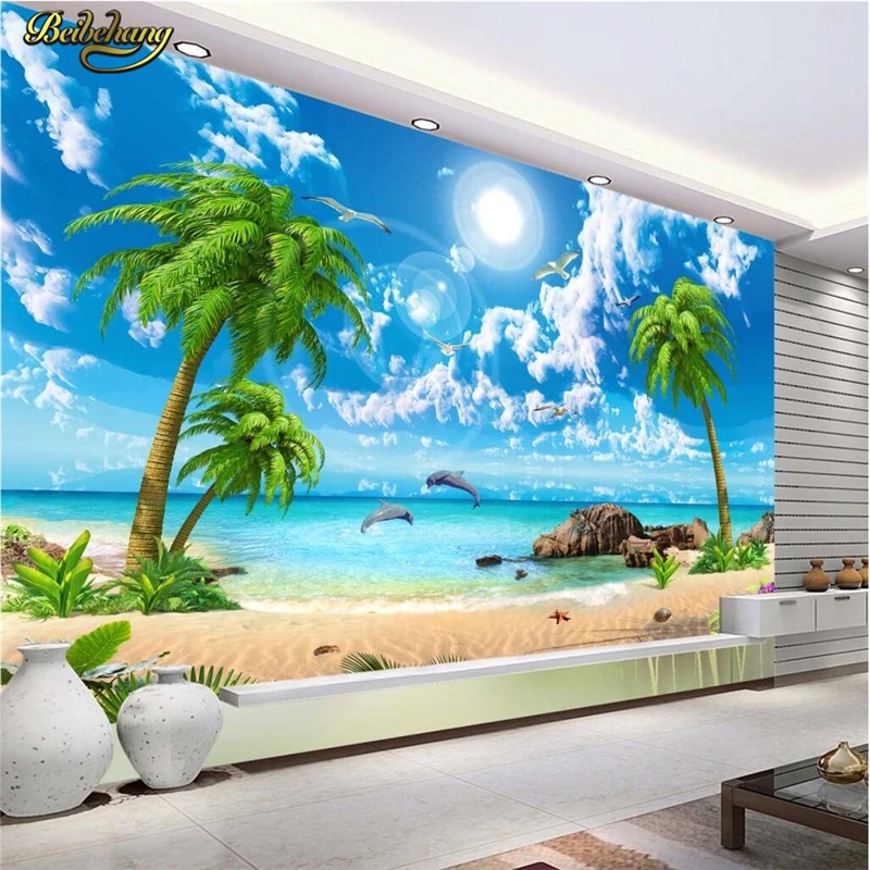 

beibehang Custom Photo Wallpaper Mural Wall Sticker HD Beautiful Dream Sea View Coconut Beach Scenery TV TV Wall