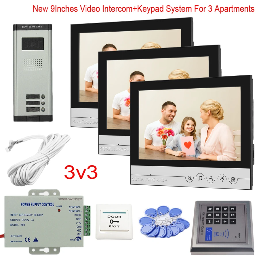 Touch Key 9” Monitor Video Intercom For 2/3/4/5/6 Apartments Video Goalkeeper With Rfid Password Access Control System Kit
Touch Key 9” Monitor Video Intercom For 2/3/4/5/6 Apartments Video Goalkeeper With Rfid Password Access Control System Kit