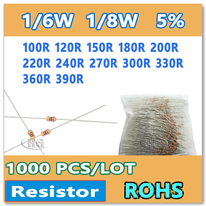 JASNPROSMA 1000PCS/LOT 5% 1/6W 1/8W 100R 120R 150R 180R 200R 220R 240R 270R 300R 330R 360R 390R carbon film DIP OHM Resistor
JASNPROSMA 1000PCS/LOT 5% 1/6W 1/8W 100R 120R 150R 180R 200R 220R 240R 270R 300R 330R 360R 390R carbon film DIP OHM Resistor