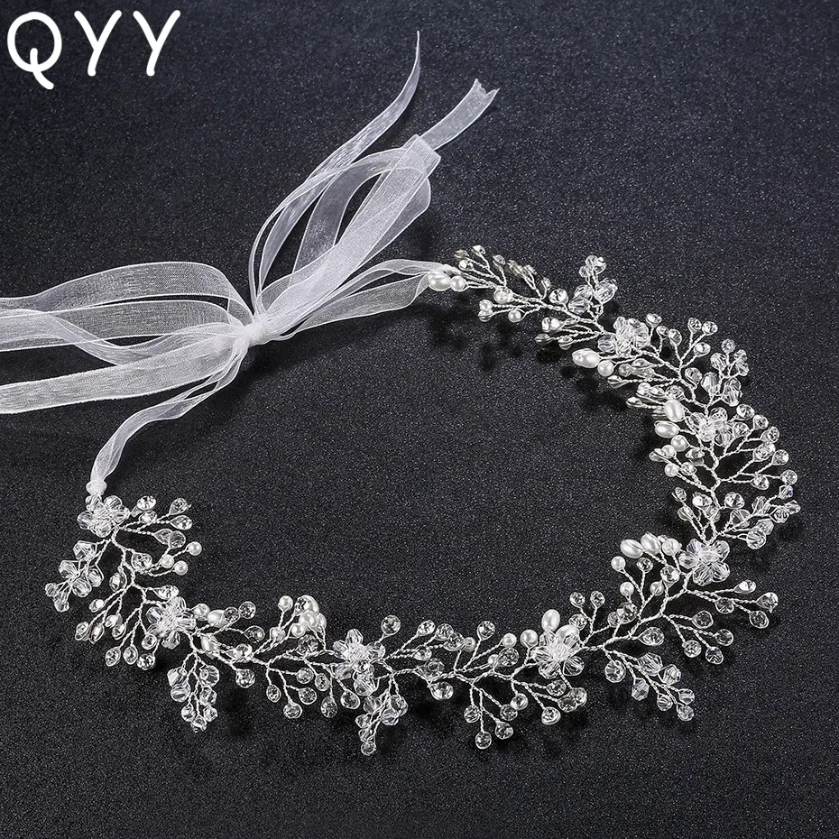 

QYY Fashion Handmade Hair Vine Bridal Headpiece for Women Crystal Pearls Wedding Headbands
