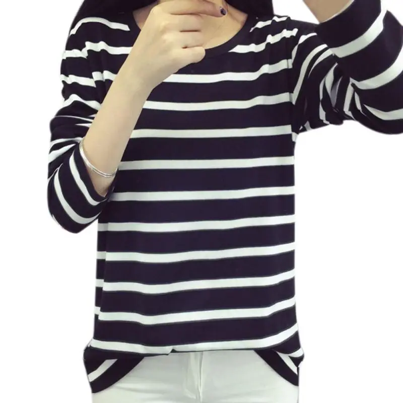 New Female Casual T-shirt Round Neck Striped Long Sleeves Tees For Women Slim Wild Black White Tops
New Female Casual T-shirt Round Neck Striped Long Sleeves Tees For Women Slim Wild Black White Tops