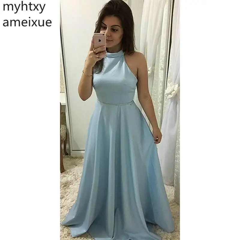2021 New Simple Blue Sexy Cheap Plus Size Evening Dresses Halter Satin A-line Sleeveless Floor Length Fashion Long Custom Made
2021 New Simple Blue Sexy Cheap Plus Size Evening Dresses Halter Satin A-line Sleeveless Floor Length Fashion Long Custom Made