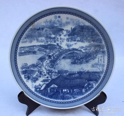 

Jingdezhen античный сине-белый фарфор Qingming речная тарелка для украшения