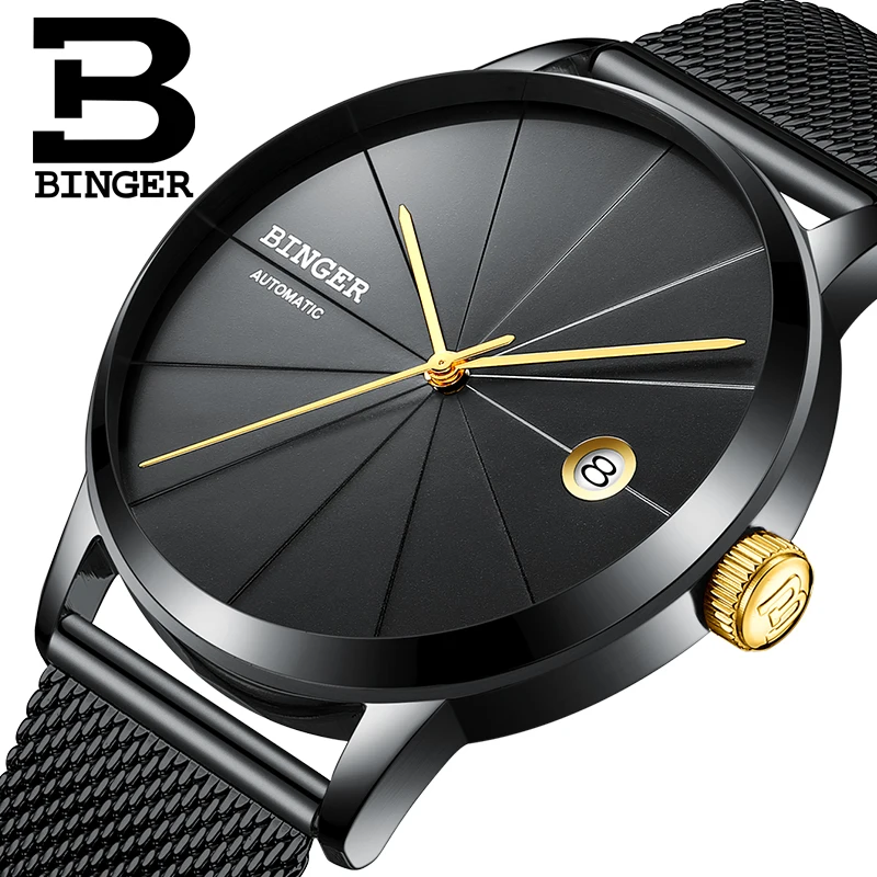 Brand Watches Automatic Movement BINGER Men Mechanical Watch Full Black Stainless Steel Mesh Band Clock relogio masculino
Brand Watches Automatic Movement BINGER Men Mechanical Watch Full Black Stainless Steel Mesh Band Clock relogio masculino