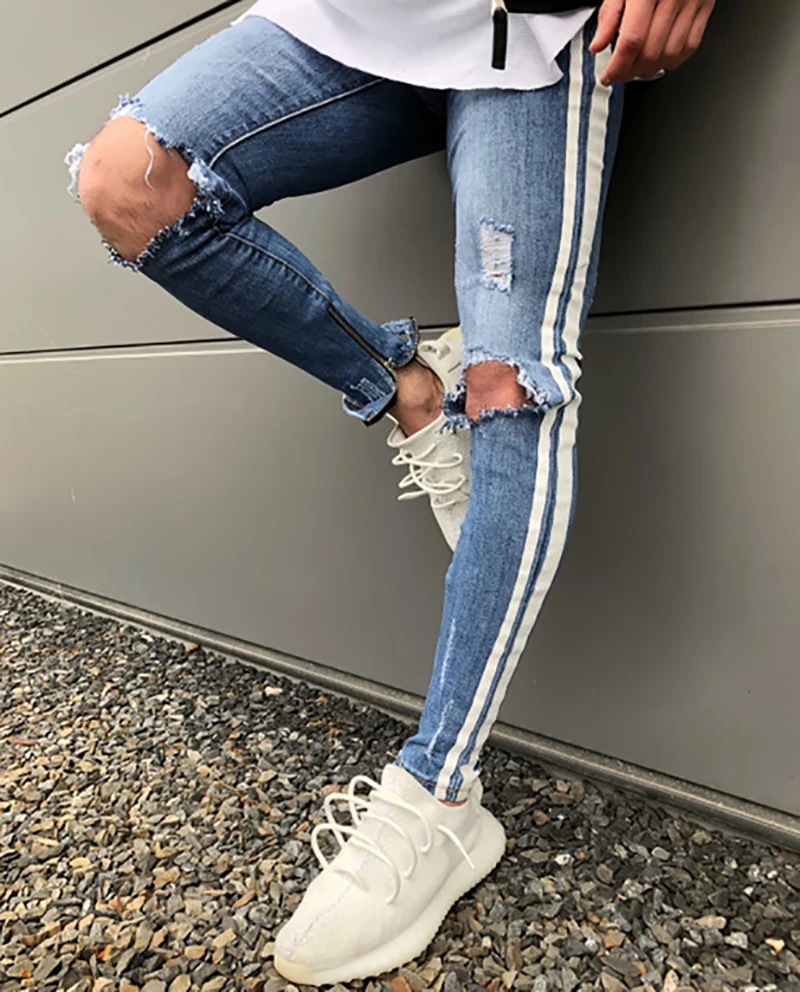 Trendy Men Skinny Jeans Biker Destroyed Frayed Fit Denim Ripped Denim Pants Side Stripe Pencil Pants Hip Hop Streetwear 
Trendy Men Skinny Jeans Biker Destroyed Frayed Fit Denim Ripped Denim Pants Side Stripe Pencil Pants Hip Hop Streetwear