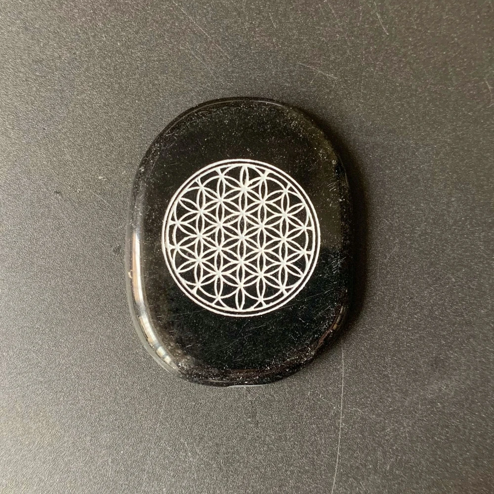 

Black Obsidian Crystal Palm Stone Natural Carving Stone Flower of Life Symbol Carved Sacred Geometry Spiritual Stone Healing