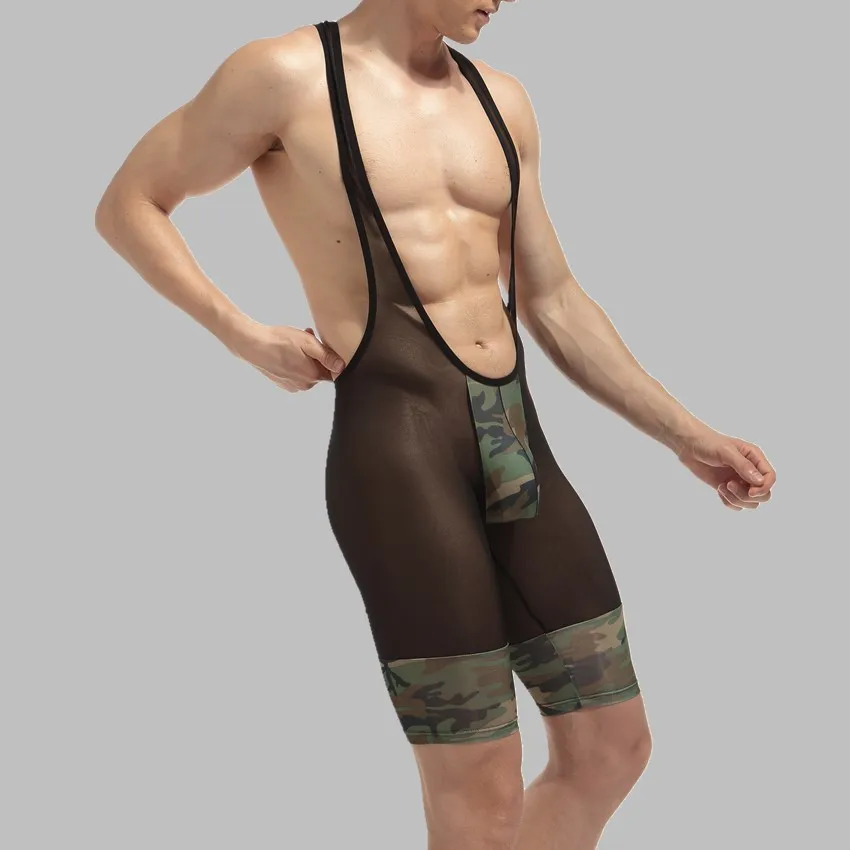 Mens Bodysuit 2017 Sexy Fashion See Camouflage Soft Breathable Underwear Transparent Shorts Bodysuits Boxers Wrestling Suits Men |