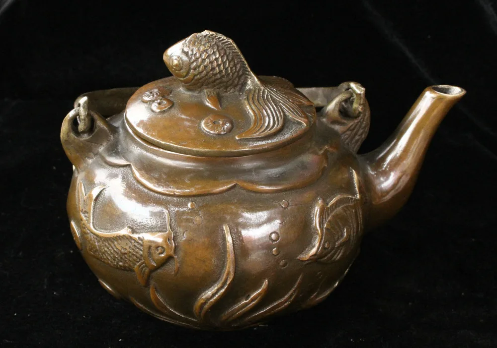 Chinese Brass Wealth Fish Statue Flagon Teapot Wine Pot