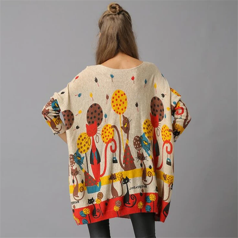 Autumn Winter Knitted Wool Sweater Women Long Batwing Sleeve Slash Neck Loose Pullover Cartoon Cute Cat Print Sweater Tops Femme 
Autumn Winter Knitted Wool Sweater Women Long Batwing Sleeve Slash Neck Loose Pullover Cartoon Cute Cat Print Sweater Tops Femme
