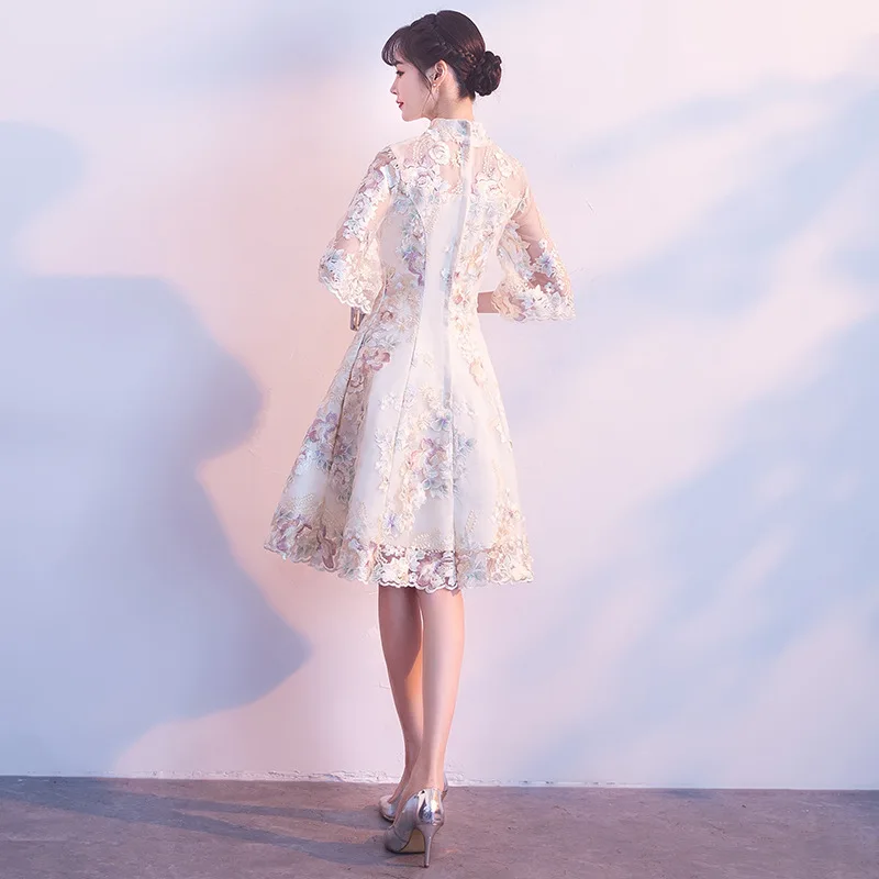 Кружевное китайское платье цвета шампанского Qipao вечерние платья для невесты